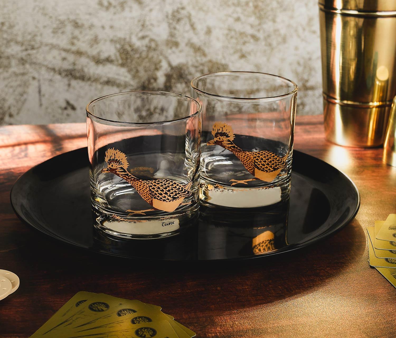 Couroc Roadrunner Rocks Glasses & Resin Serving Tray Set