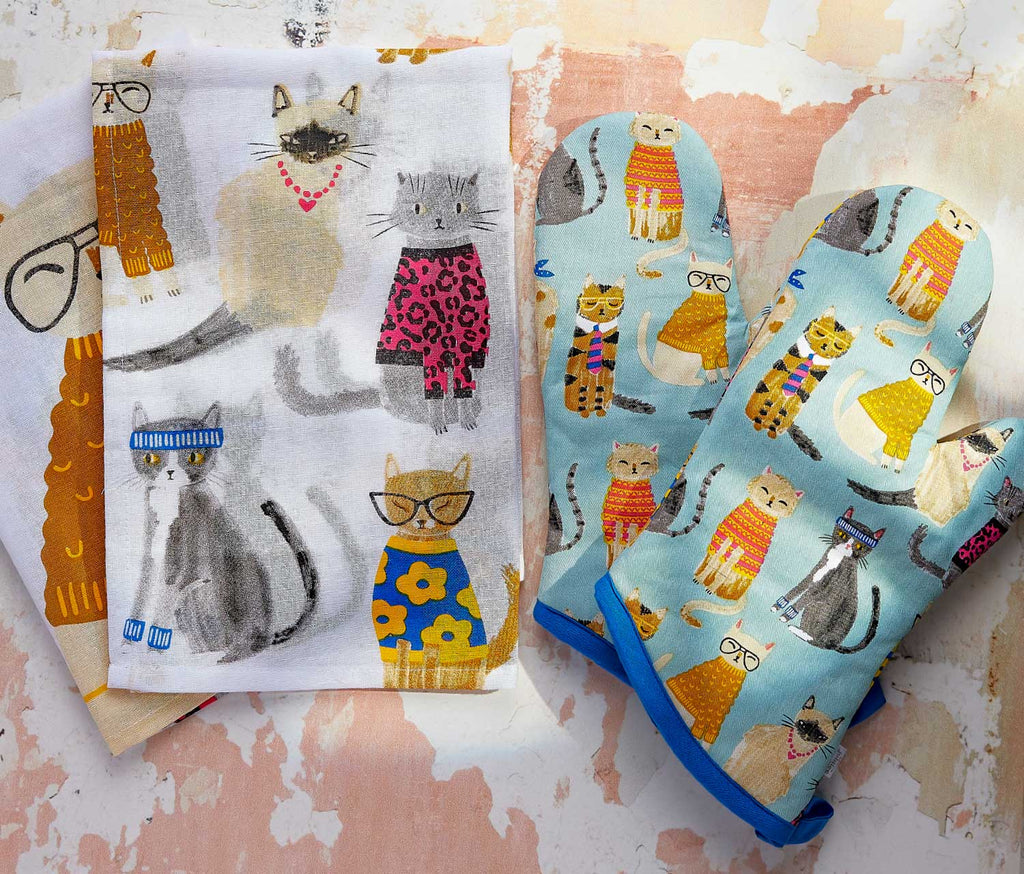 danica Cats feline dish towel and oven mitts