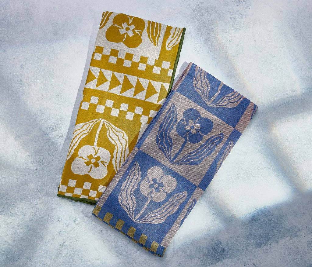 Teppi floral blue & ochre cotton kitchen towels pair