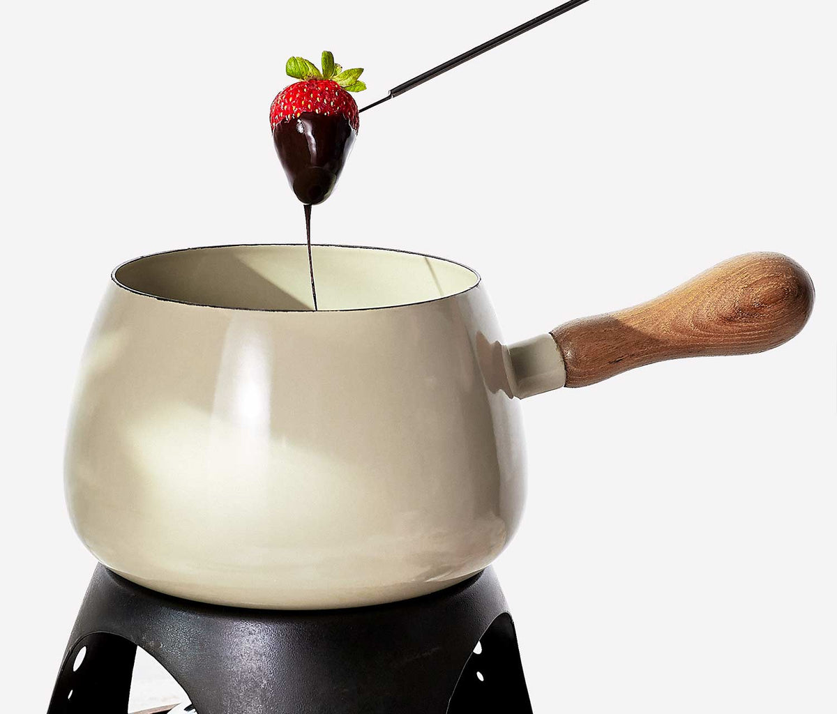 Cast-Iron Fondue Pot with Wooden Handles and 4 Forks