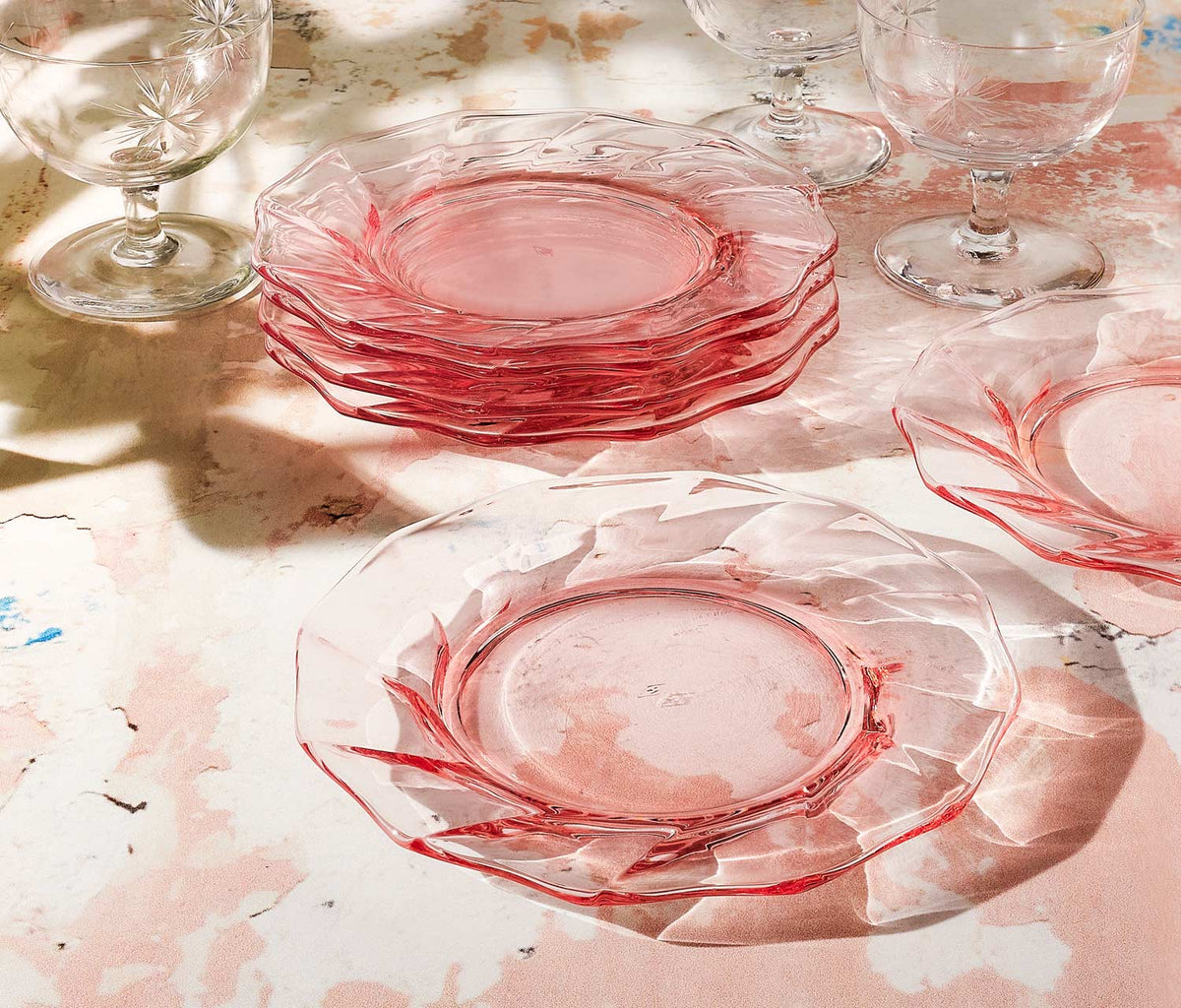 Flamingo Pink Twisted Glass Side/Dessert Plates: Vintage Heisey
