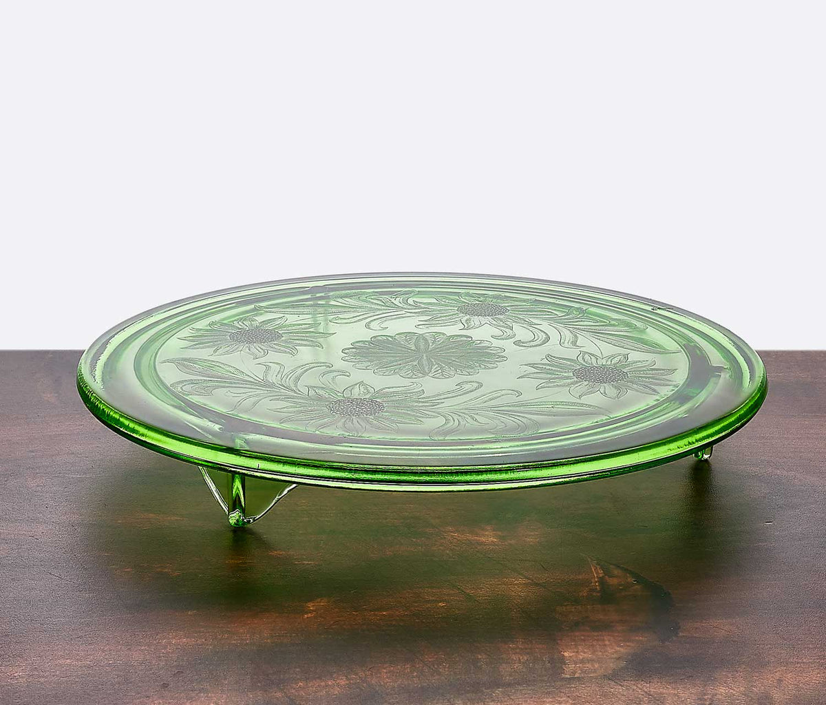 Vintage Jeannette Sunflower Green Depression Glass Cake Plate