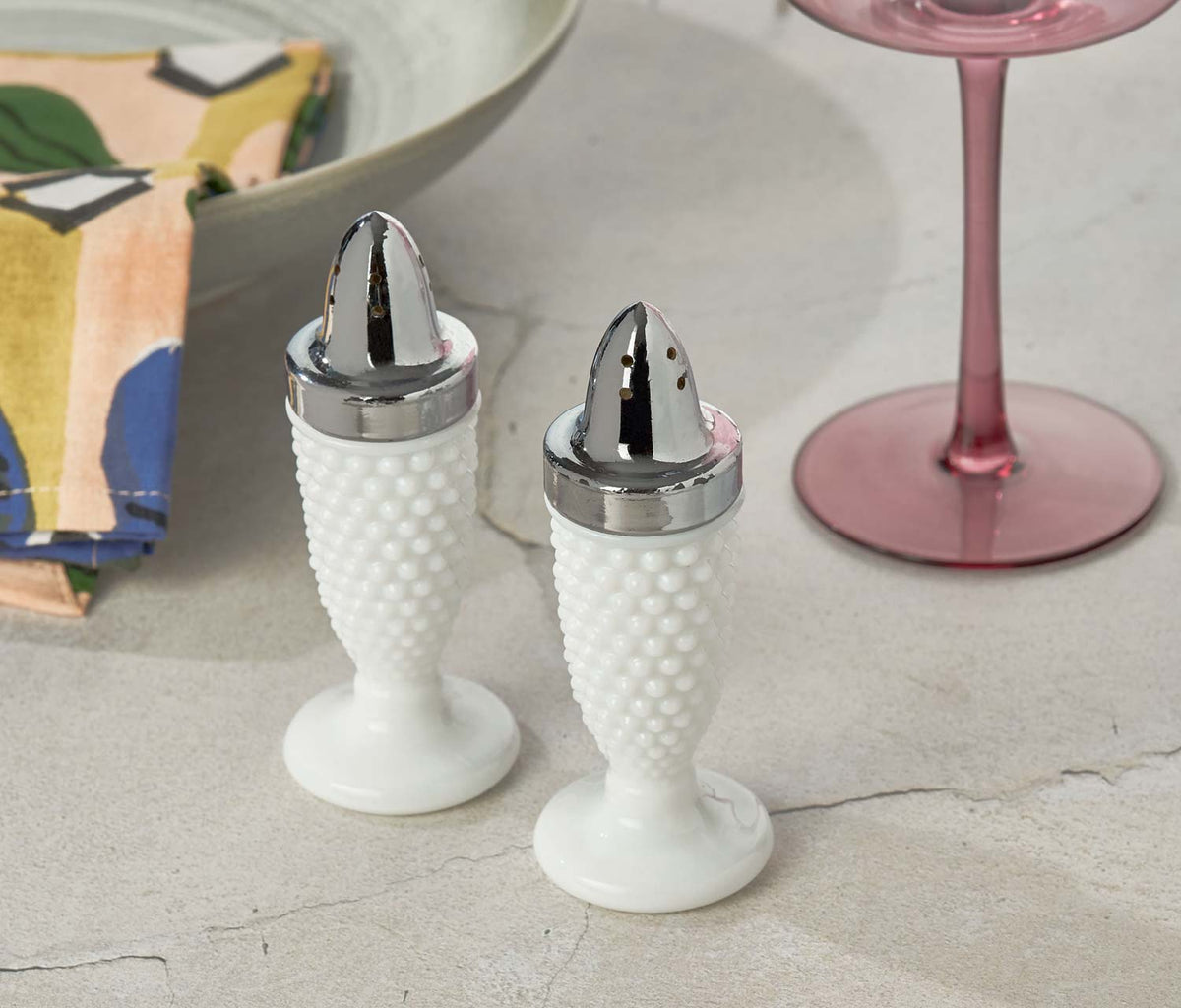 Hobnail Milk Glass Footed Salt & Pepper Shakers and Covered Sugar