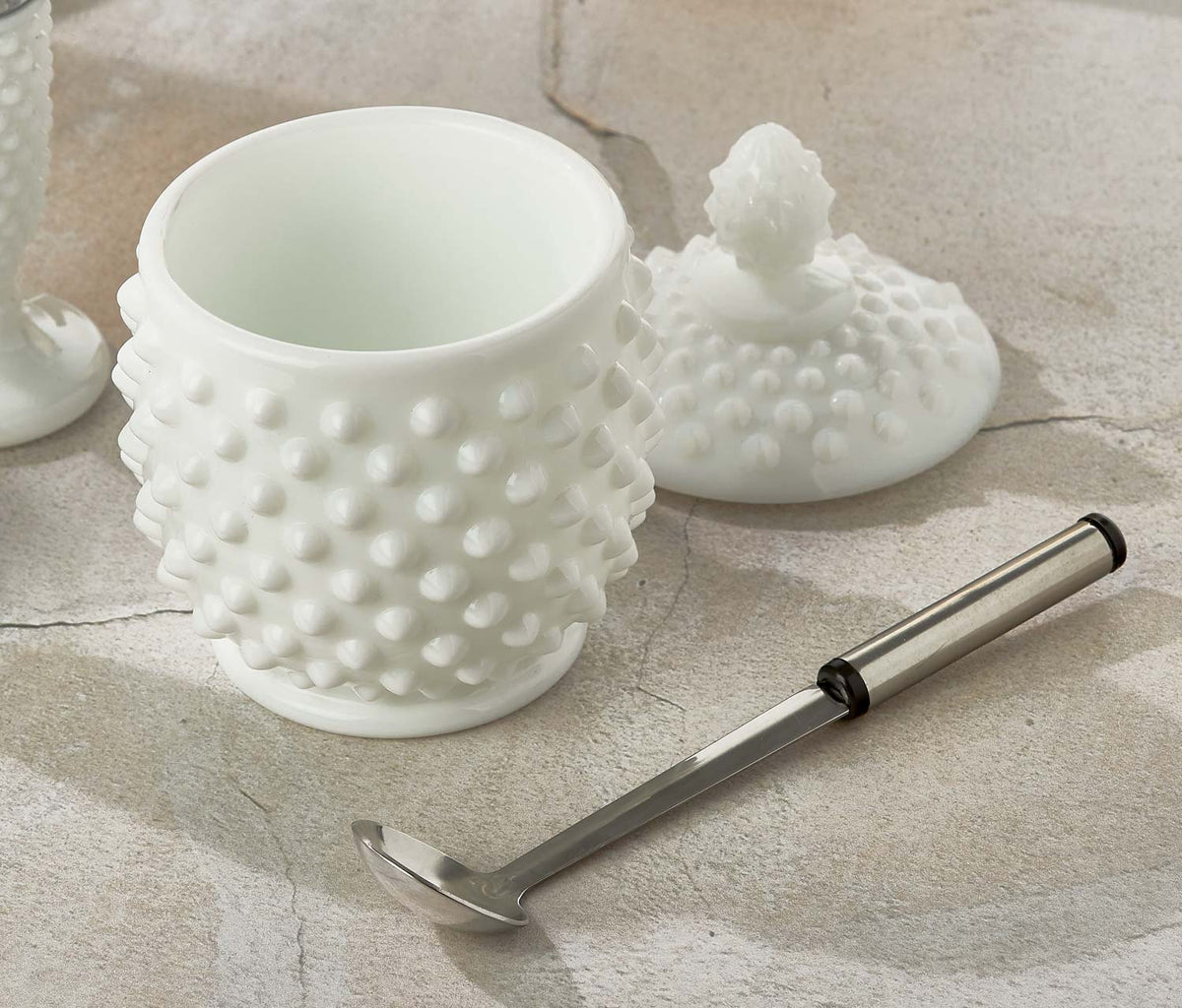 Hobnail Milk Glass Footed Salt & Pepper Shakers and Covered Sugar