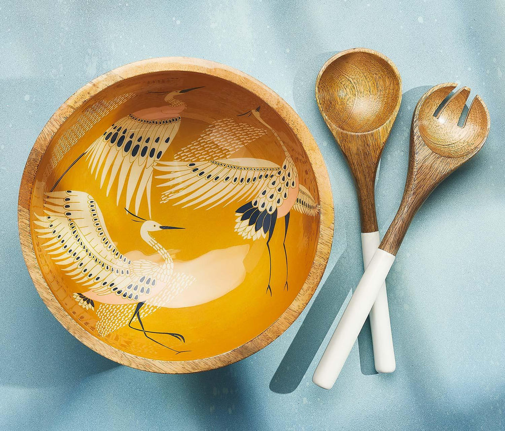 Danica Yellow Birds illustrated Wood Salad Serving Bowl Set - lollygag