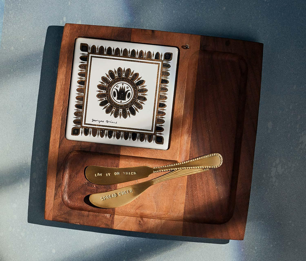 vintage Georges Briard Regalia Teak Wood Cheese Board Set