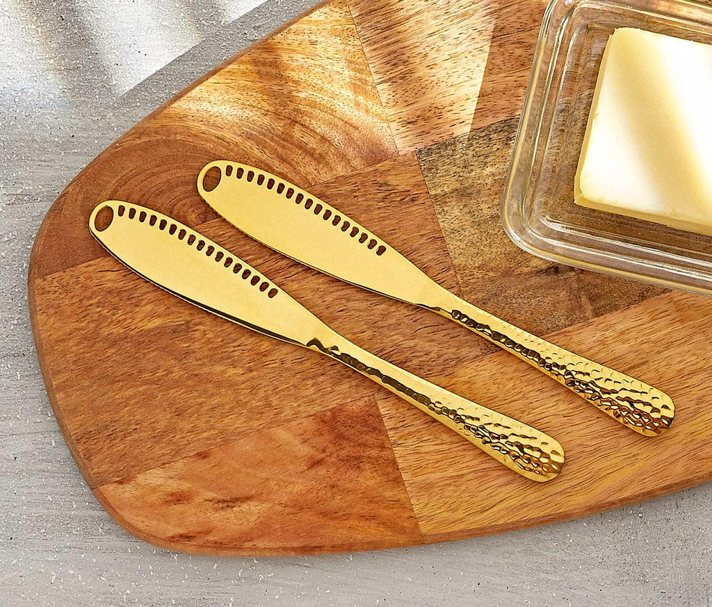 Calypso Multifunctional Butter Cheese Knives & Textured Handle Set  in hammered Gold