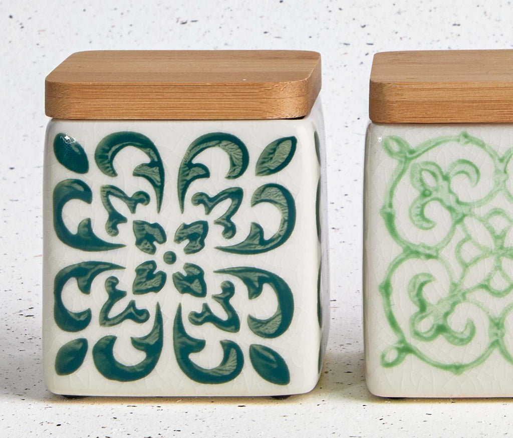 Marrakesh Patterned-Stoneware Small Square Canisters with wood lids set