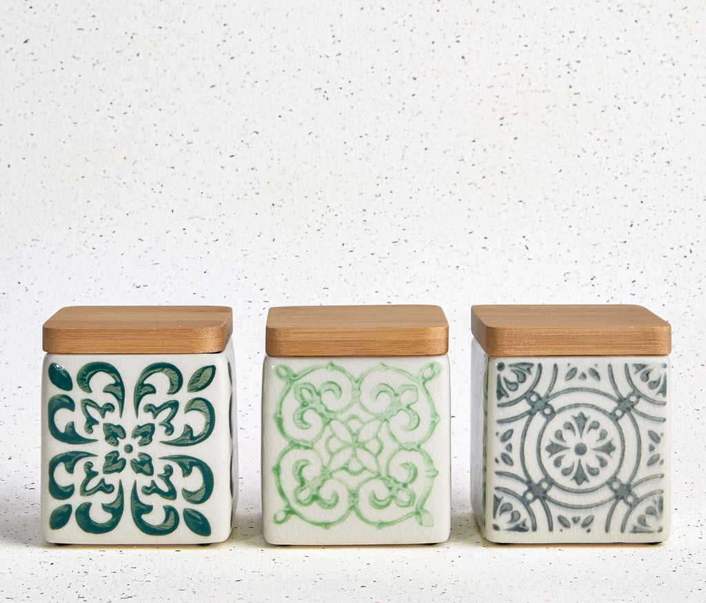Marrakesh Patterned-Stoneware Small Square Canisters with Bamboo lids set-greens