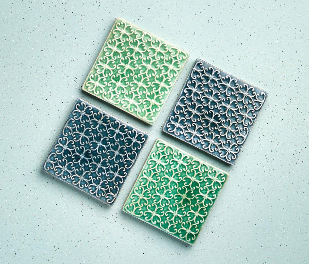 Stoneware Tile Patterned blue square Coasters