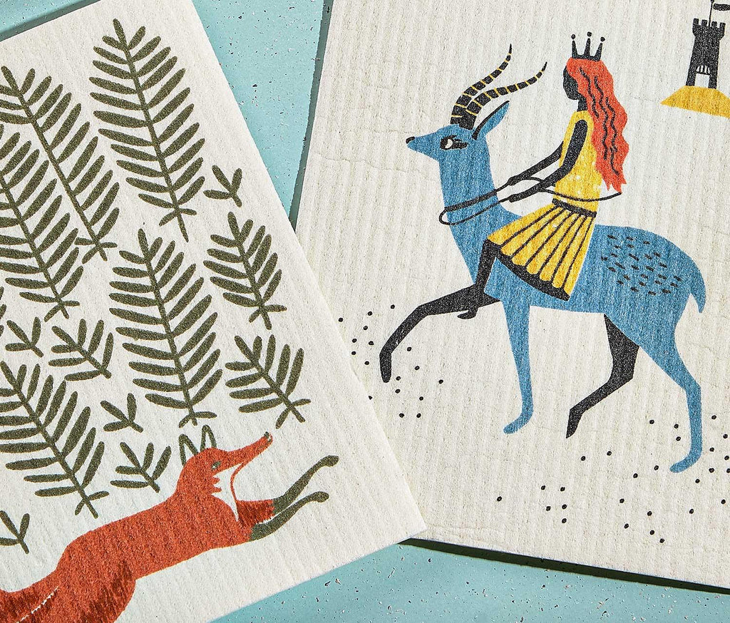 Whimsical Forest,Fox, Warrior Girl reusable Swedish dish cloths