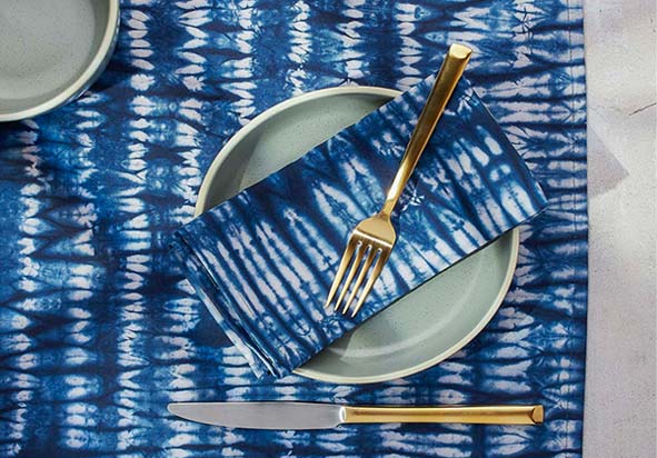 Tidal Shibori Indigo dyed tablecloth and napkin set