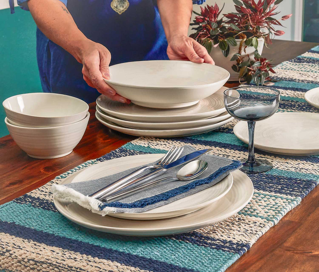 Blue stripe woven-Table runner and Aquarius white dinnerware set-lollygag.jpg