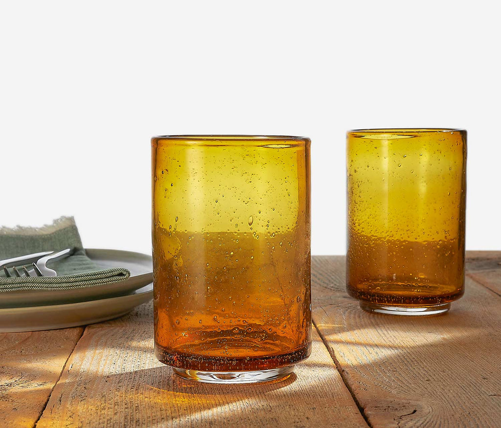 Amber Hand-Blown Tall Bubble Textured Tumblers Set