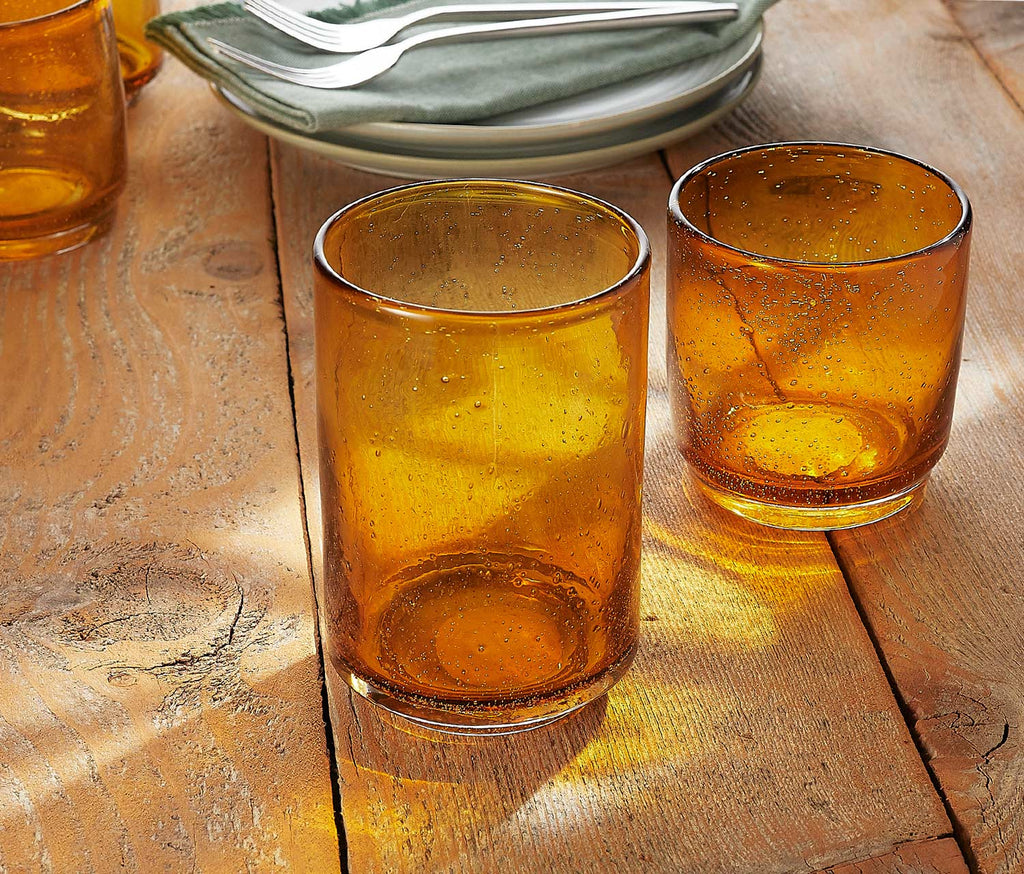 Amber Hand-Blown Tall Bubble Textured Tumblers Set