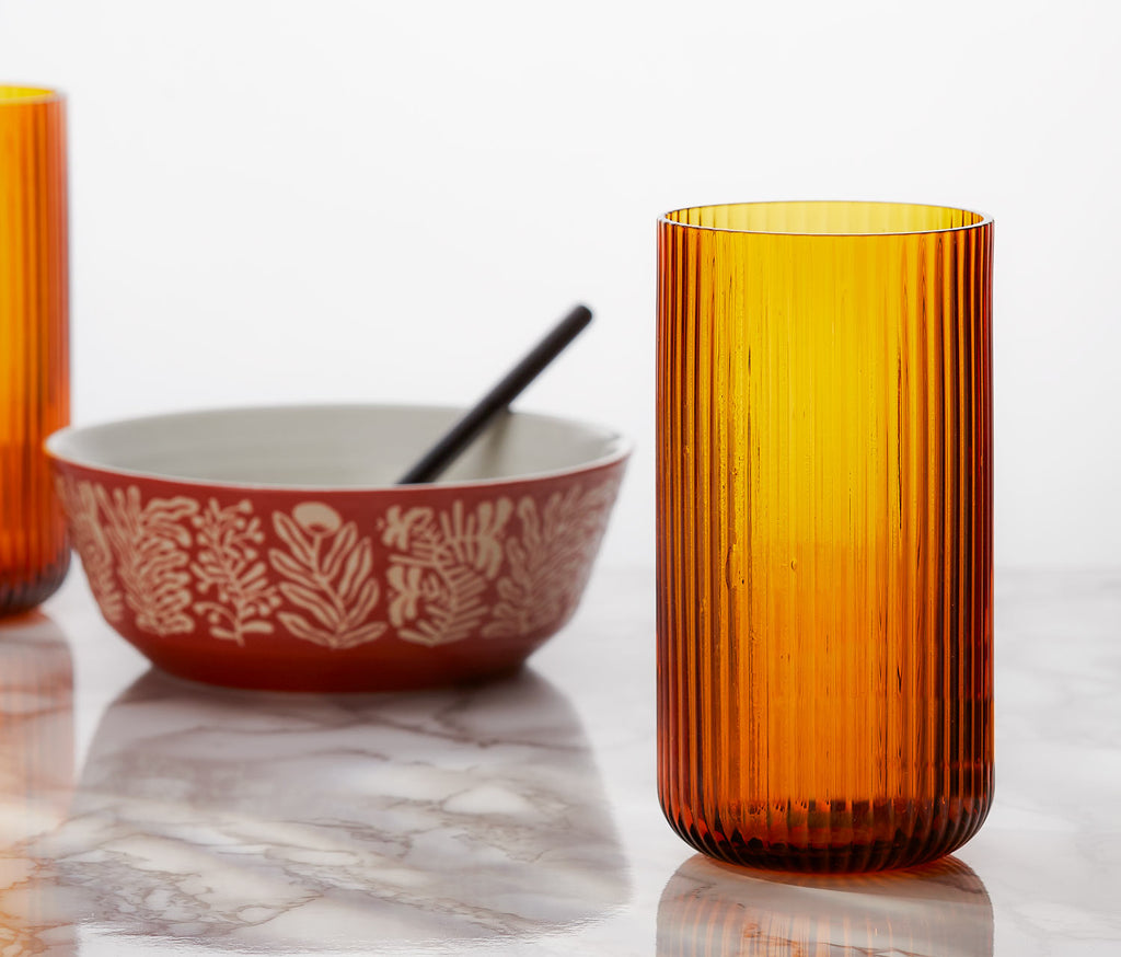 Amber fluted ripple texture hand-blown tall tumbler/drinking glass/entwine coral cereal bowl  - lollygag