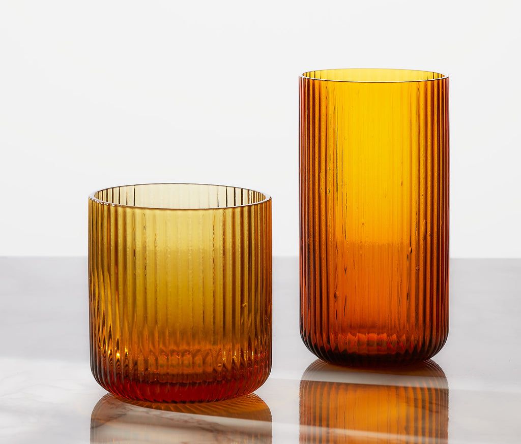 Hand blown amber modern ripple texture drinking glass set