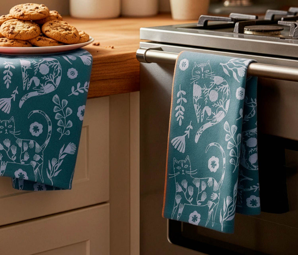 Green cats flowers cotton towel