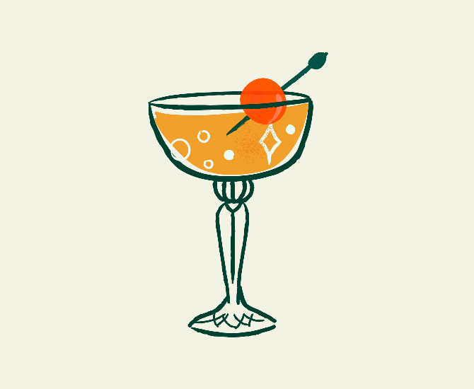Illustration of a cocktail glass with a cherry on a beige background - lollygag