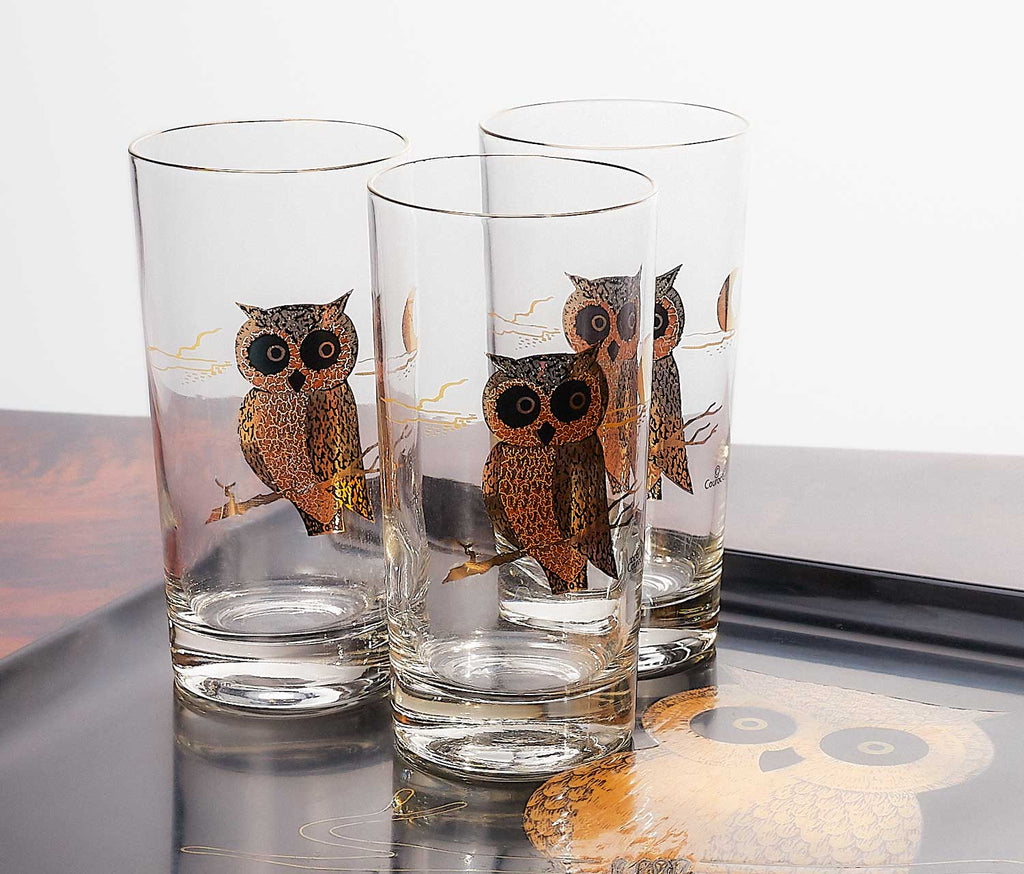 Couroc Of Monterey Owl Tall Glass Set of 3