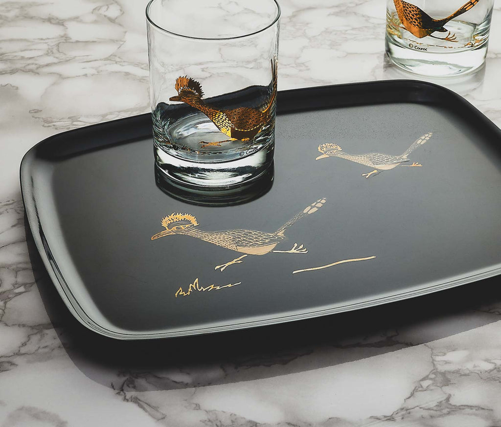 Couroc of Monterey Roadrunner Large Rocks Glass & Tray Set