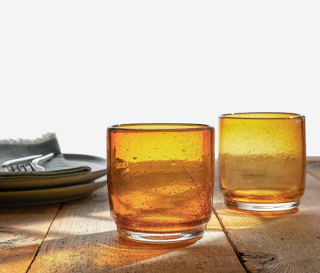 Amber Bubble Hand-Blown Textured Low Tumbler Set
