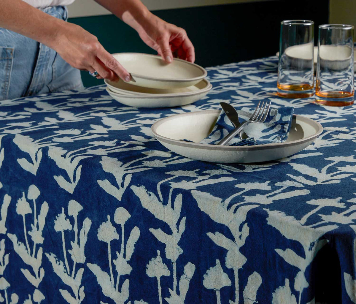 Flourish Block Print Indigo Tablecloth