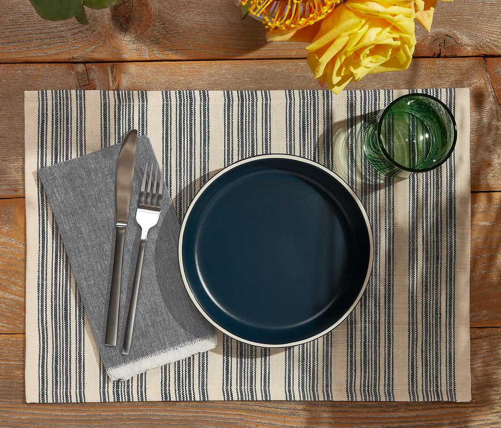 Delphine Vintage French Style Cloth Placemats and Navy Casa Brava low bowl, fringe napkins