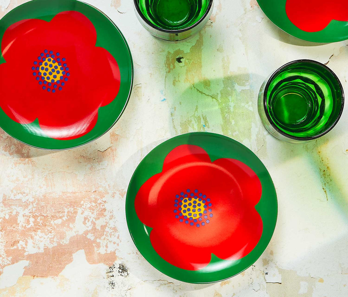Mid-Mod Red & Green Poppy Appetizer/Dessert Plates Set | Lollygag.co