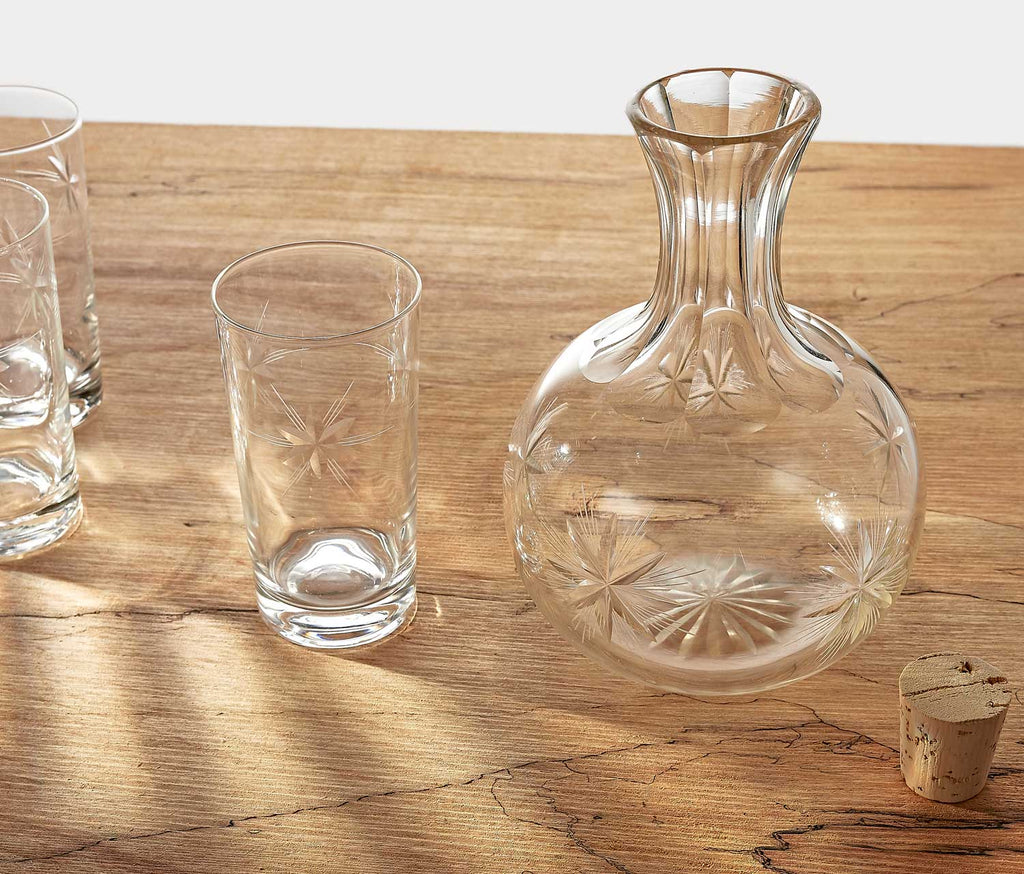 Vintage MCM Atomic Starburst Etched Carafe and Glasses Set