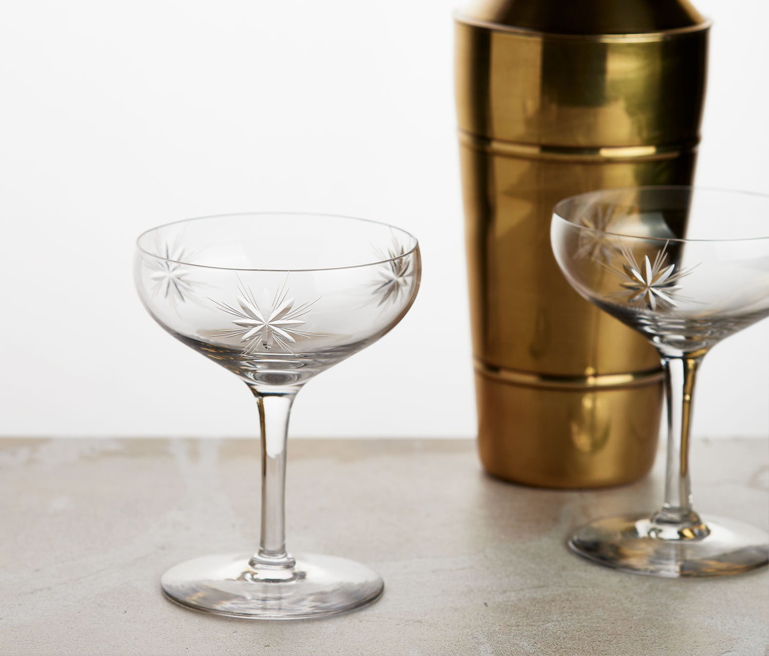 Mid-Century Atomic Starburst Etched Coupe Glasses - lollygag