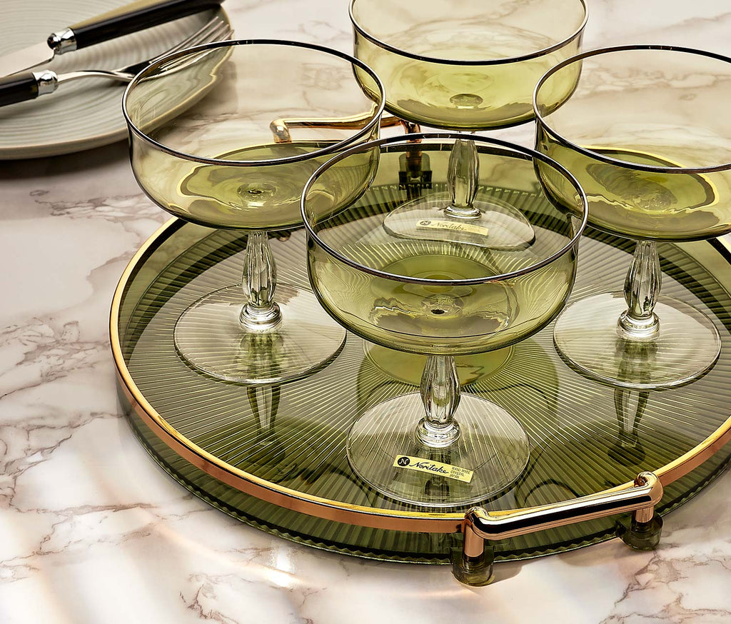 four coupe vintage green stemware glass on a  tray - Lollygag