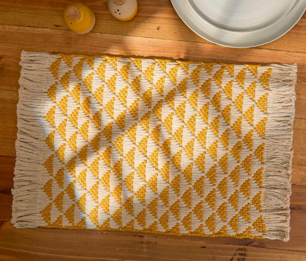 Ochre yellow geometric cotton fringe placemats - lollygag