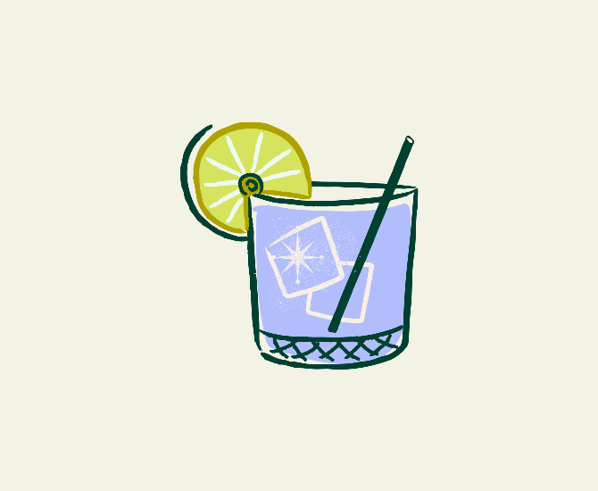Retro Illustration of a rocks glass with a cocktail with a lime wedge and straw on a light green background