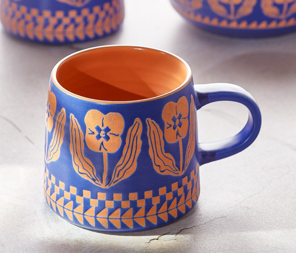 Blue/Orange Pansy Teppi Floral patterned Imprint Stoneware Mug Set - lollygag