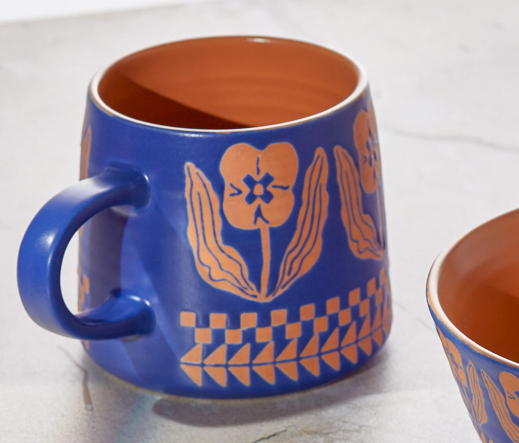 Blue/Orange Pansy Teppi Floral patterned Imprint Stoneware Mug Set - lollygag