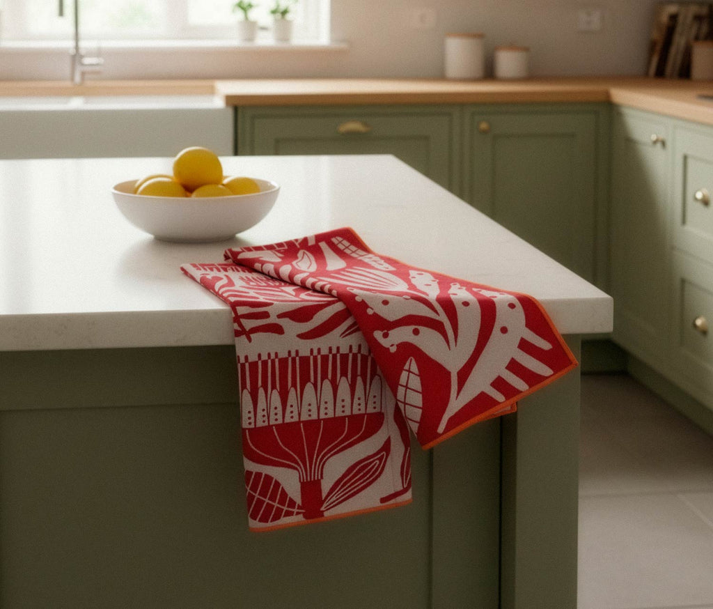  Venus Flytrap Maroon Cotton Jacquard Kitchen Towels - Lollygag 