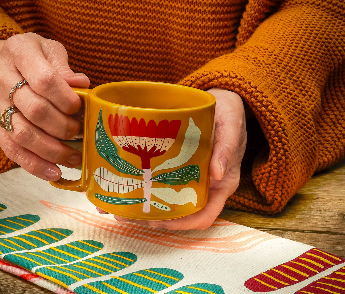 Danica Venus Flower illustrated ochre midi studio mug - lollygag