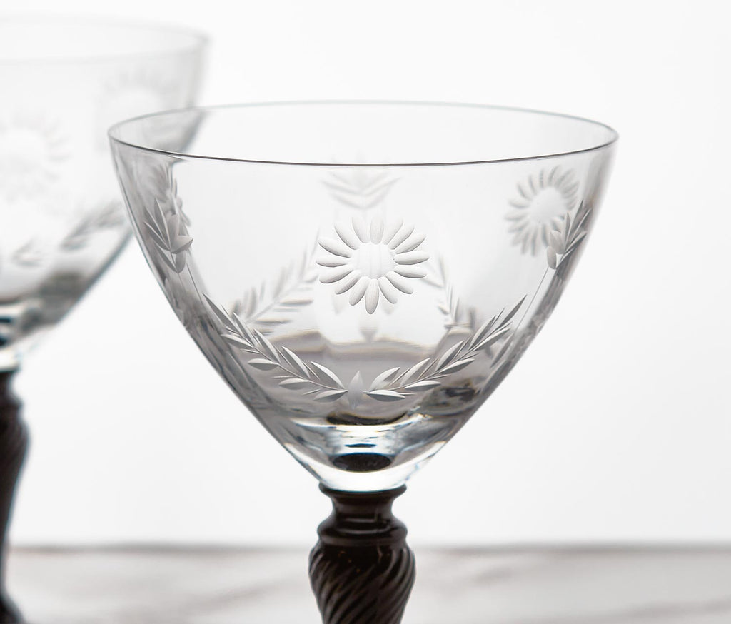 Vintage Flower etched with black coupe glass  close up - Lollygag