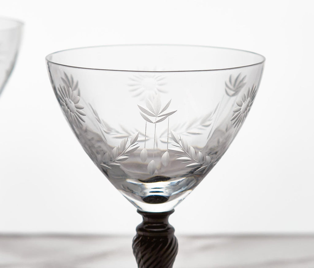 Vintage Flower etched with black coupe glass  close up - Lollygag