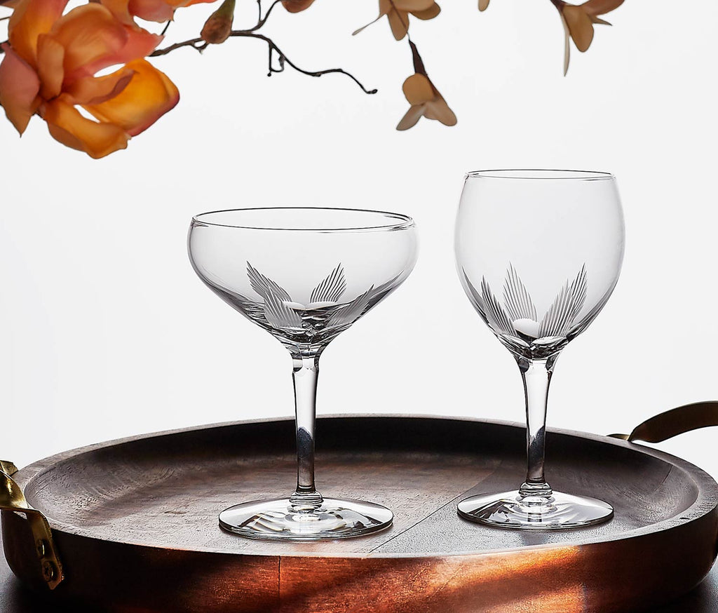 Vintage Art Nouveau Deco Fan Coupe and wine Glass Set - Lollygag