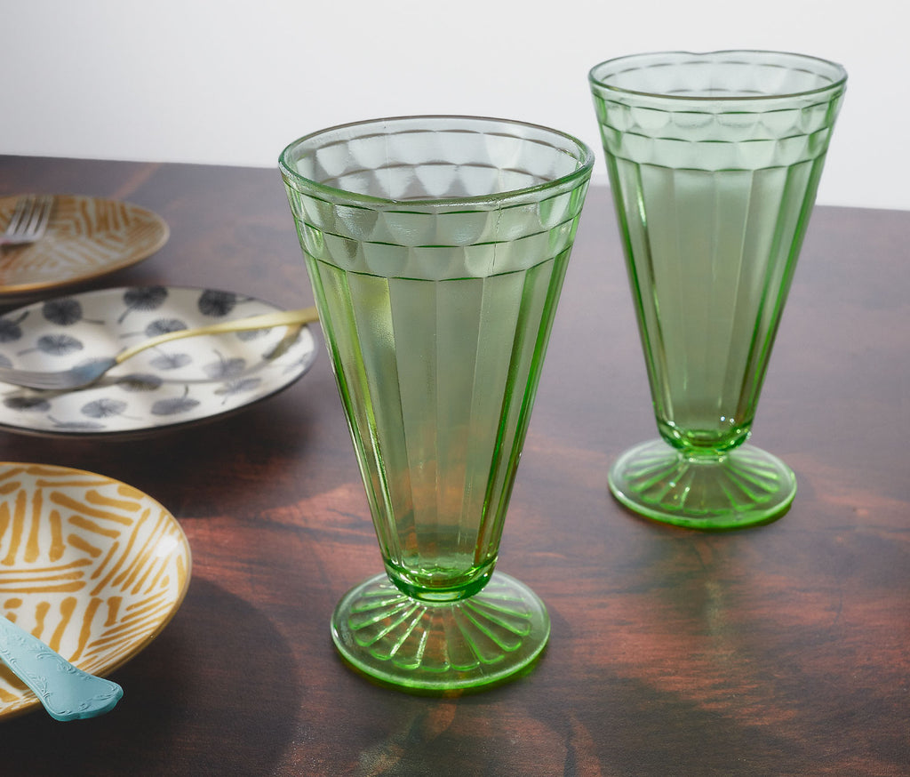 Vintage Hazel Atlas Apple Green Ribbon Parfait/Fountain Glass Set