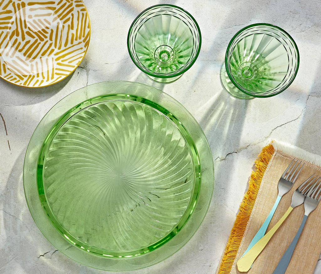 Vintage Green Glass Cake Stand and glass set- Lollygag