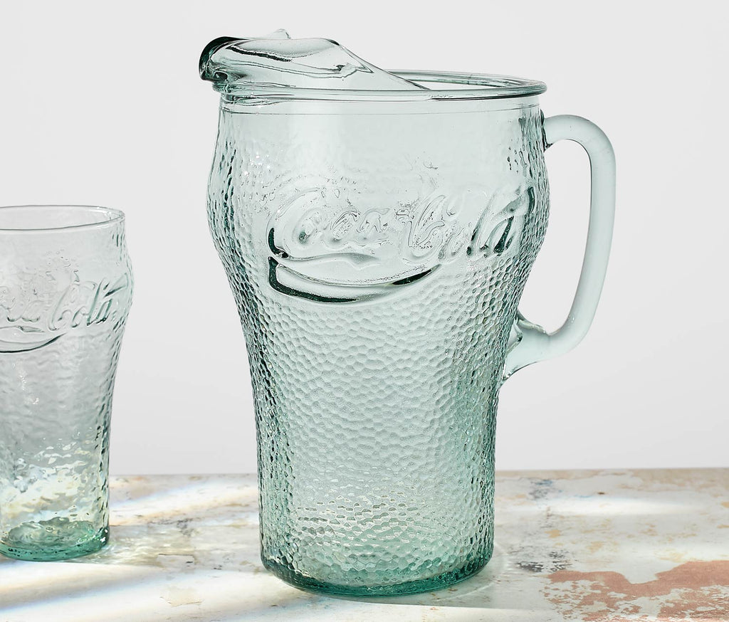 Vintage Hammered Green Pebble Coca-Cola Glass & Pitcher Set