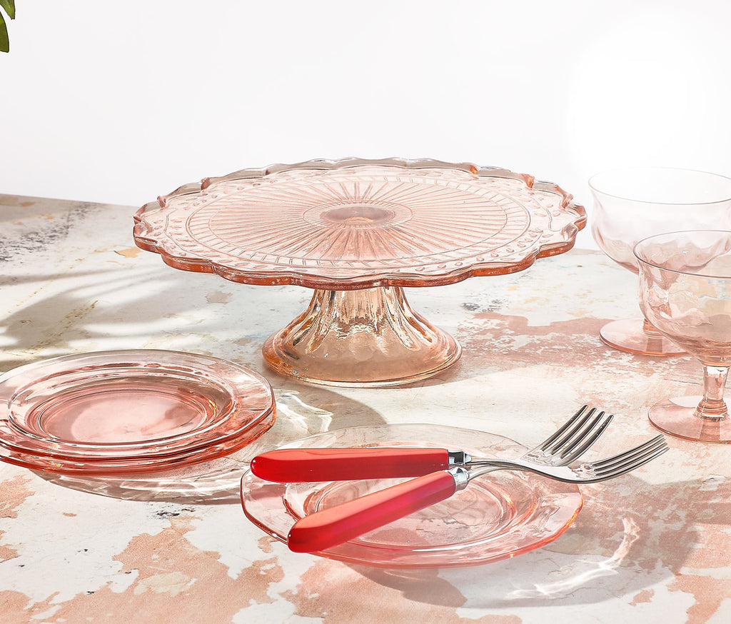 Vintage Pink Cake Stand & Pink Dessert Plates Set