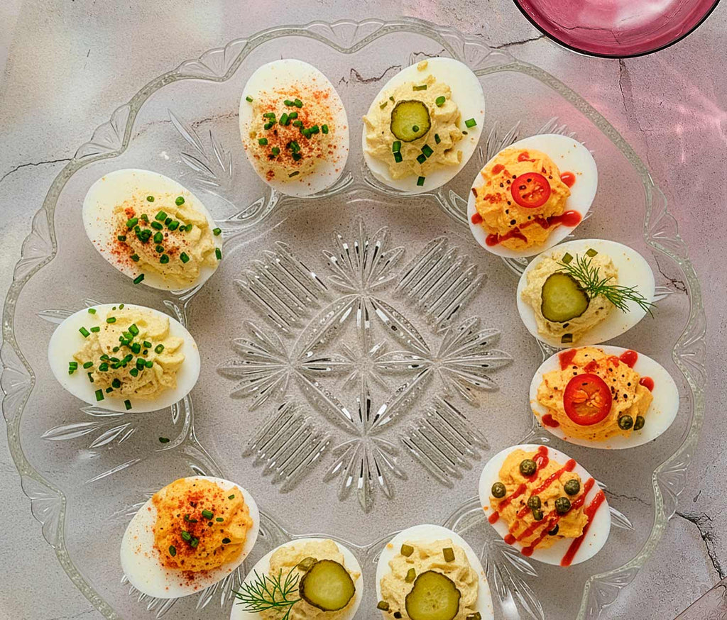Decorative glass plate with deviled eggs garnished with various toppings on a light background.