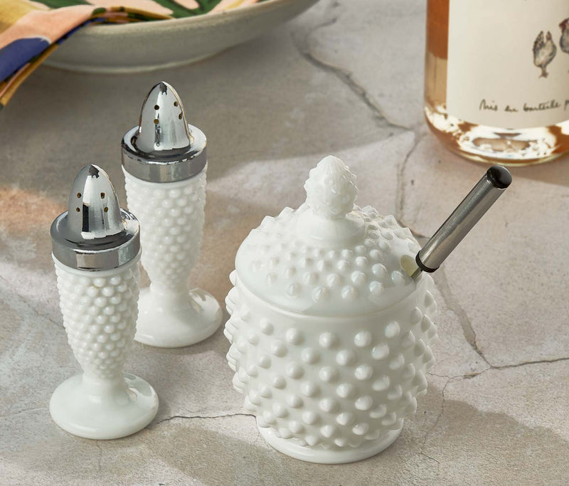 Hobnail Milk Glass Footed Salt & Pepper Shakers and Covered Sugar