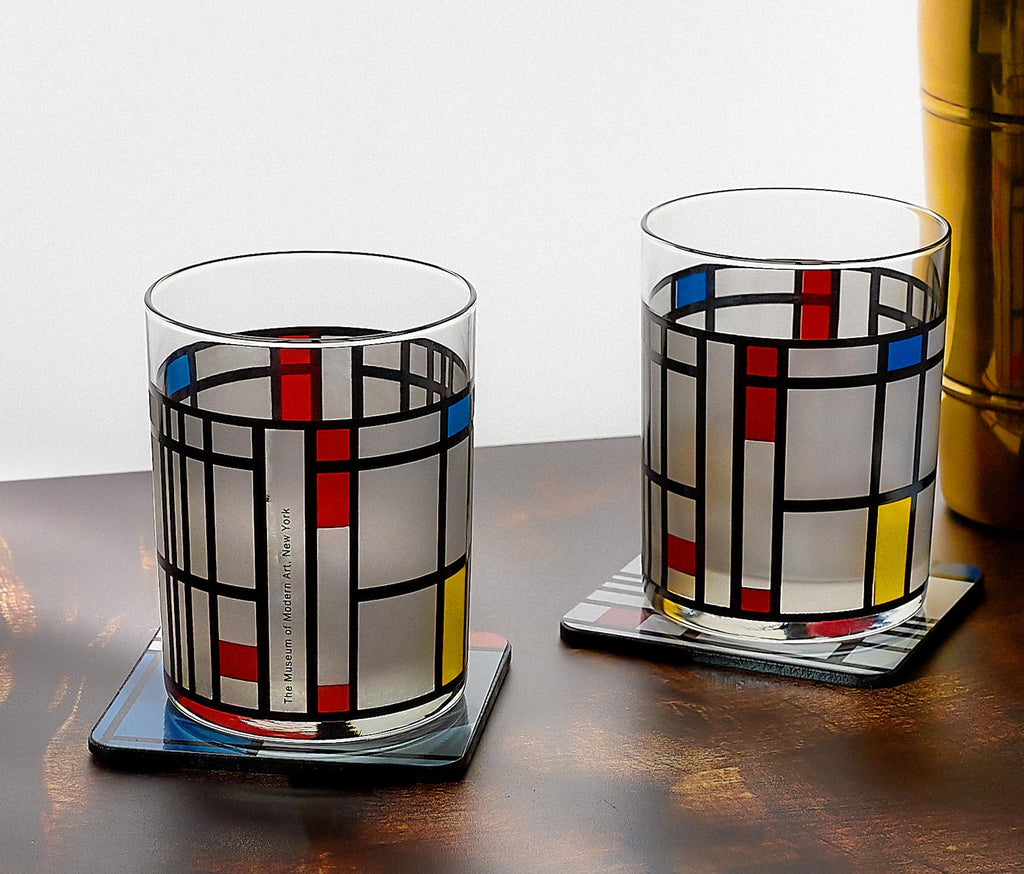 2 Moma Mondrian glass tumblers and coasters set - lollygag