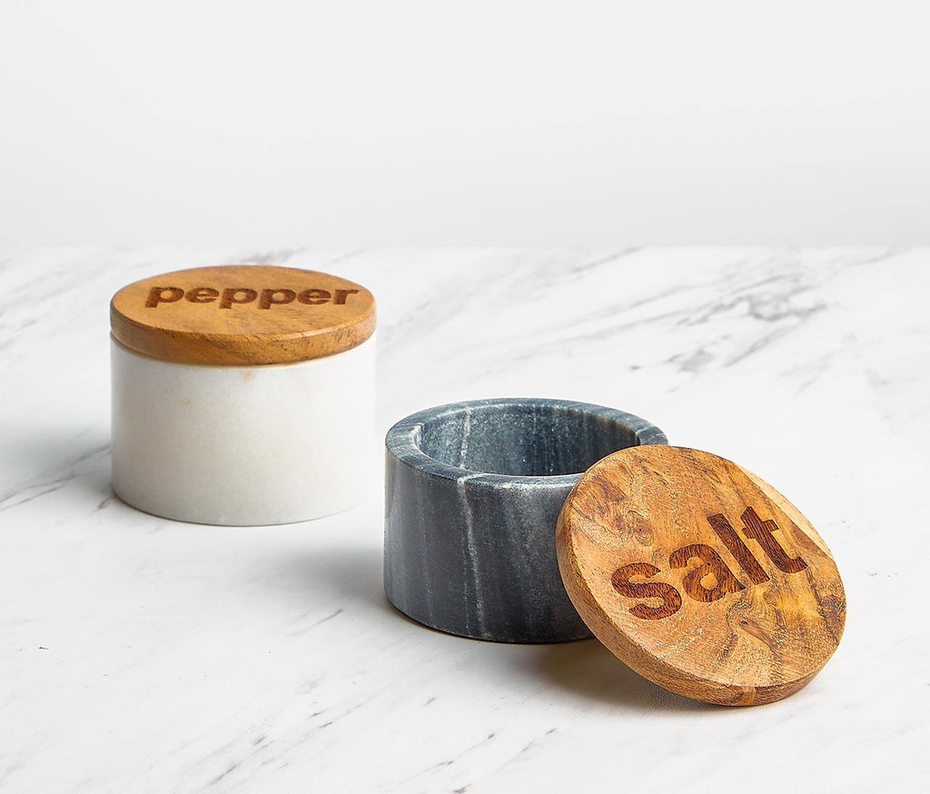 White and Grey marble salt and pepper pots with wood lids