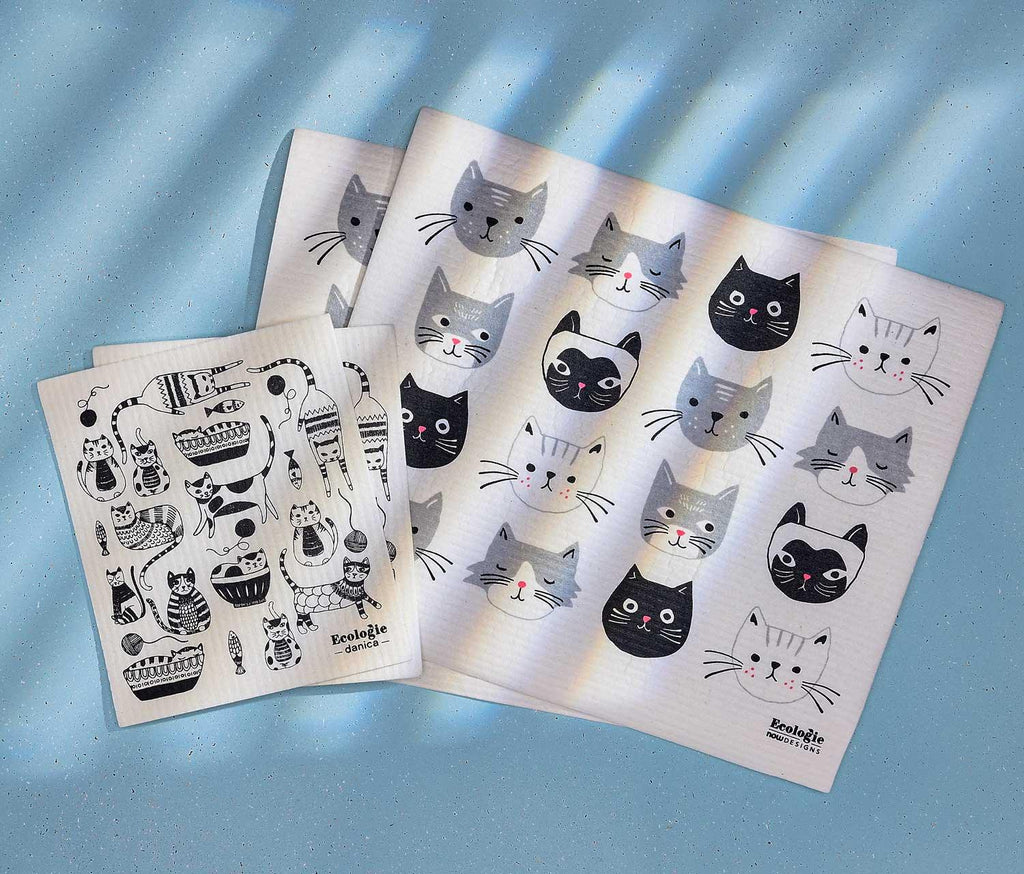 Illustrated Cats Reusable Swedish Dry Mat & Dishcloths Set 